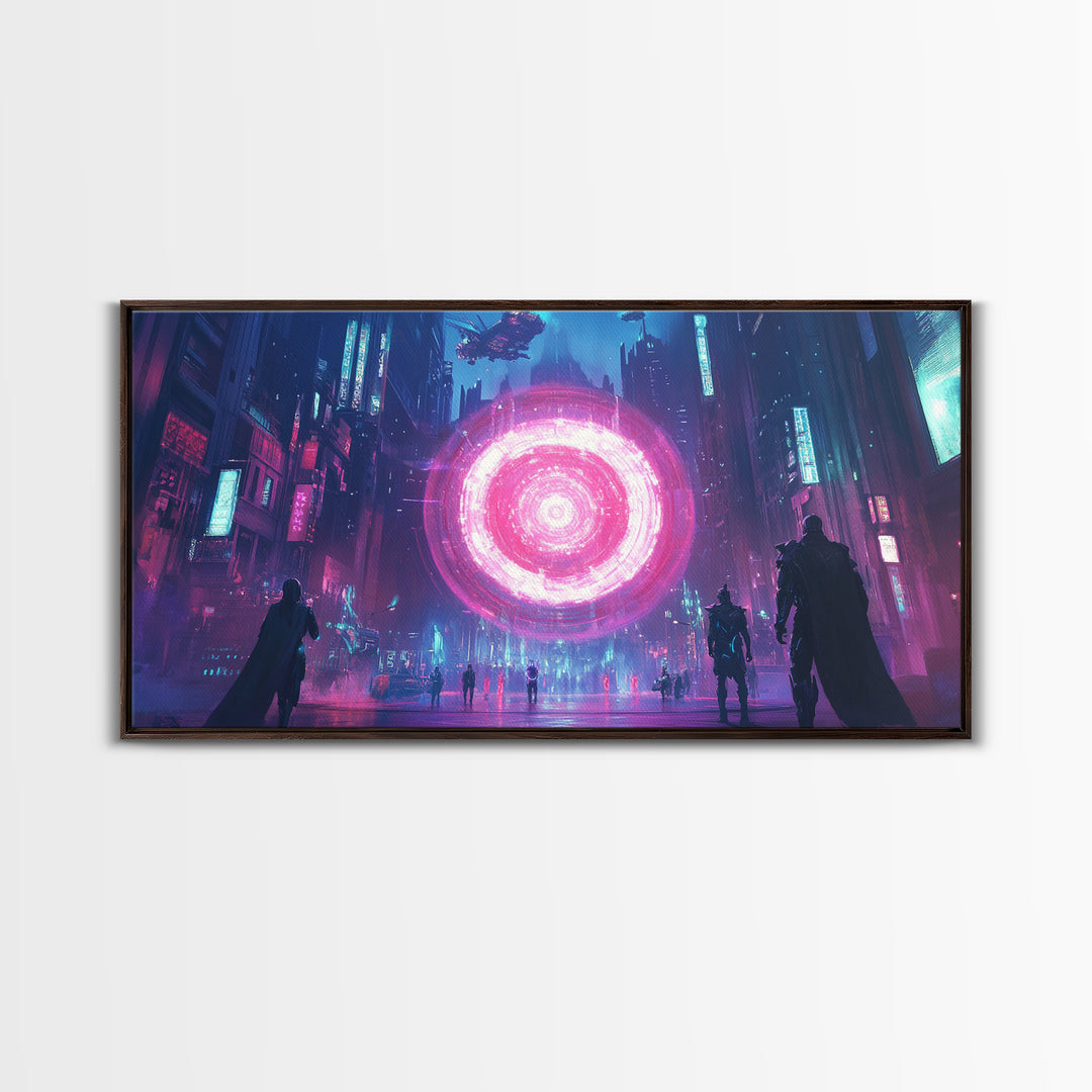 Neon Pink Portal In Rainy Cyberpunk Megacity Canvas Print, Futuristic Wall Art For Gaming Room Decor And Sci Fi Gift For Him
