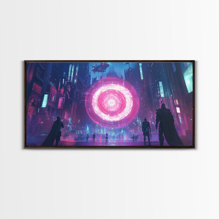 Neon Pink Portal In Rainy Cyberpunk Megacity Canvas Print, Futuristic Wall Art For Gaming Room Decor And Sci Fi Gift For Him