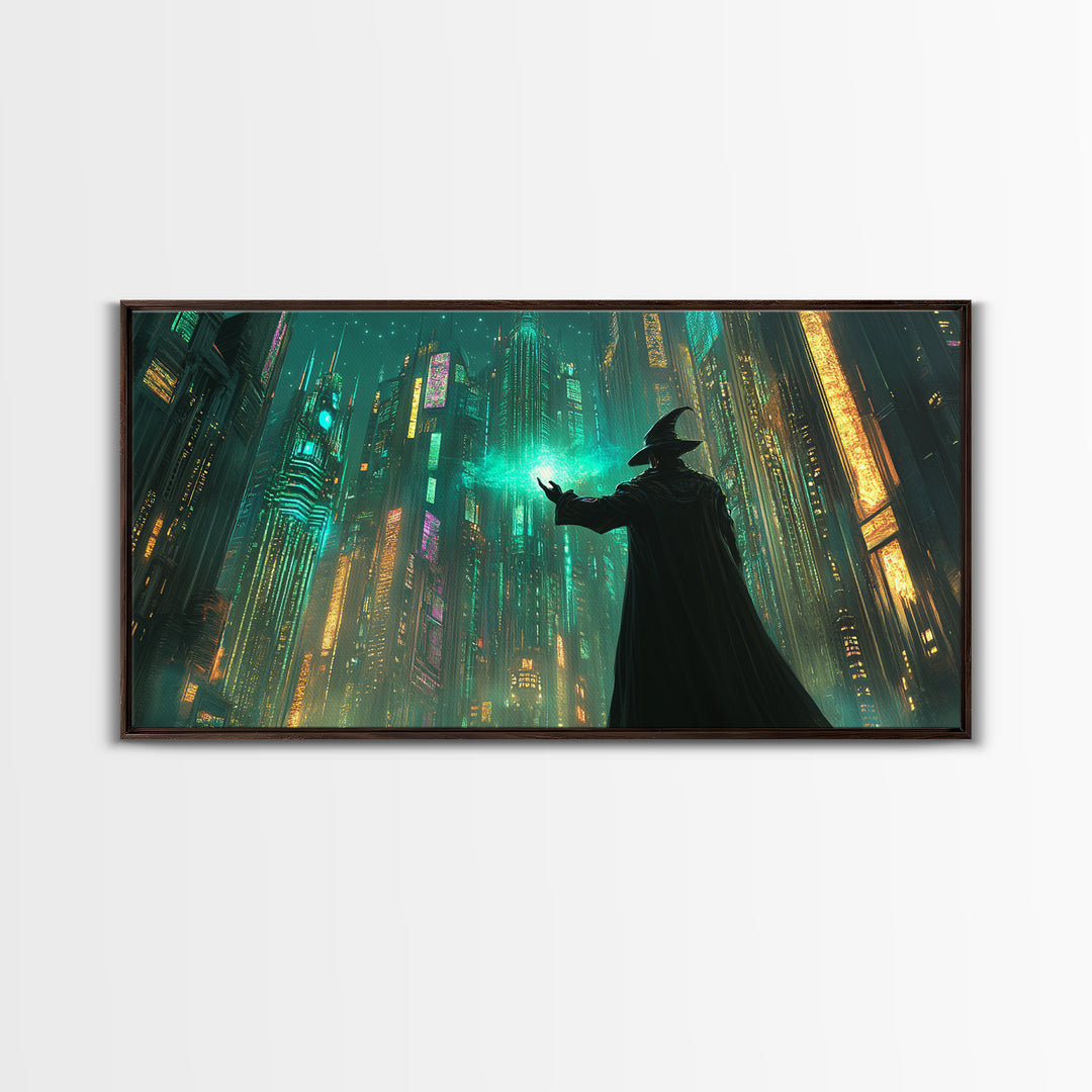 Wizard Casting Green Light In Futuristic Neon City Framed Canvas Print, Cyberpunk Wall Art For Sci Fi Office Decor And Gaming Room