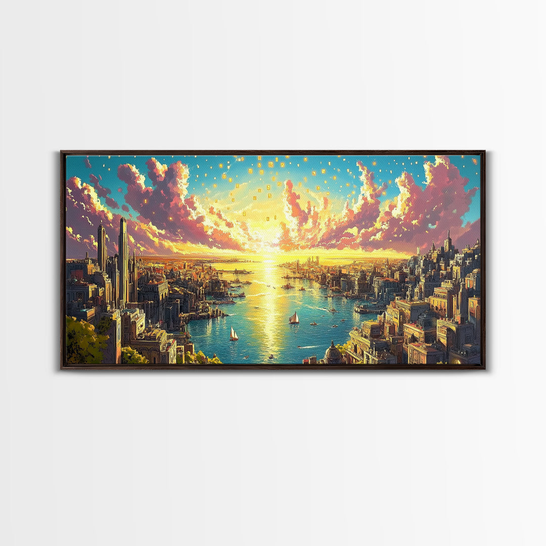 Panoramic Golden Harbor City At Sunrise Wall Art, Futuristic Coastal Canvas Print For Living Room Decor And Large Horizontal Art