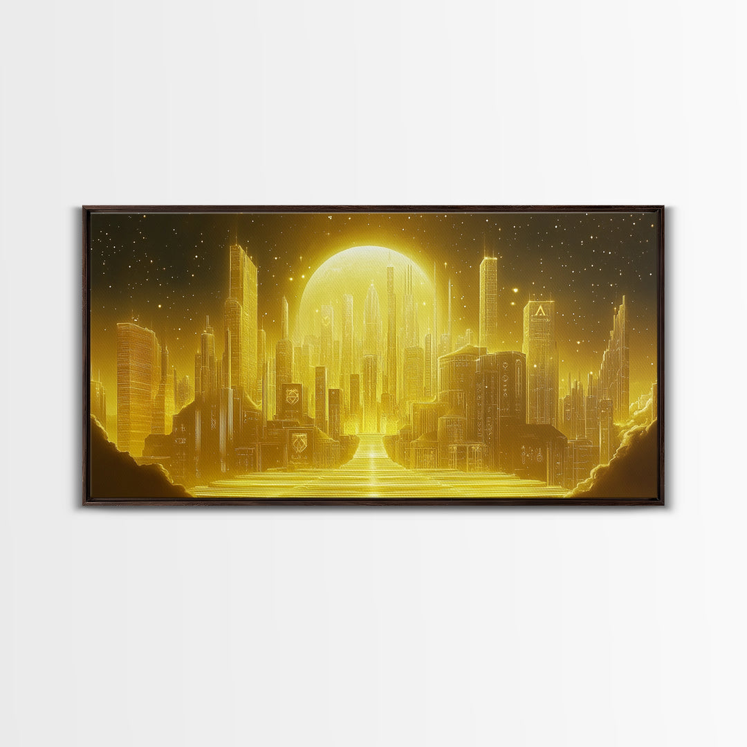 Golden Moon Over Futuristic Skyline And River Wall Art, Celestial City Canvas Print For Modern Office Decor And Sci Fi Home Decor