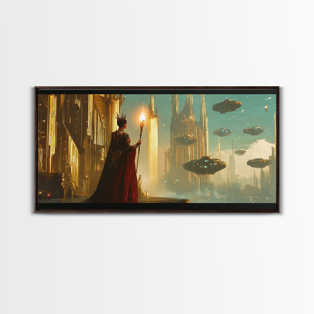 Cloaked Mage With Torch Canvas Print, Fantasy Wall Art, Futuristic Cityscape, Dark Academia Office Decor, Sci Fi Art, Gift For Him