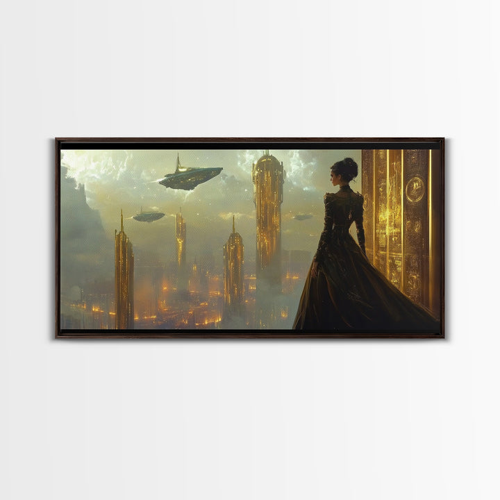 Elegant Woman Over Golden City Framed Canvas Print, Fantasy Wall Art, Futuristic Skyline Decor, Dark Feminine Office Art