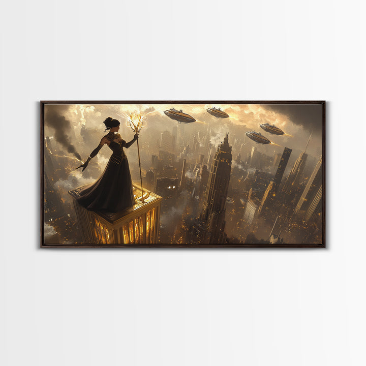 Dark Sorceress On Skyscraper Canvas Print, Fantasy Wall Art, Golden Dystopian City, Gothic Office Decor And Sci Fi Art For Him