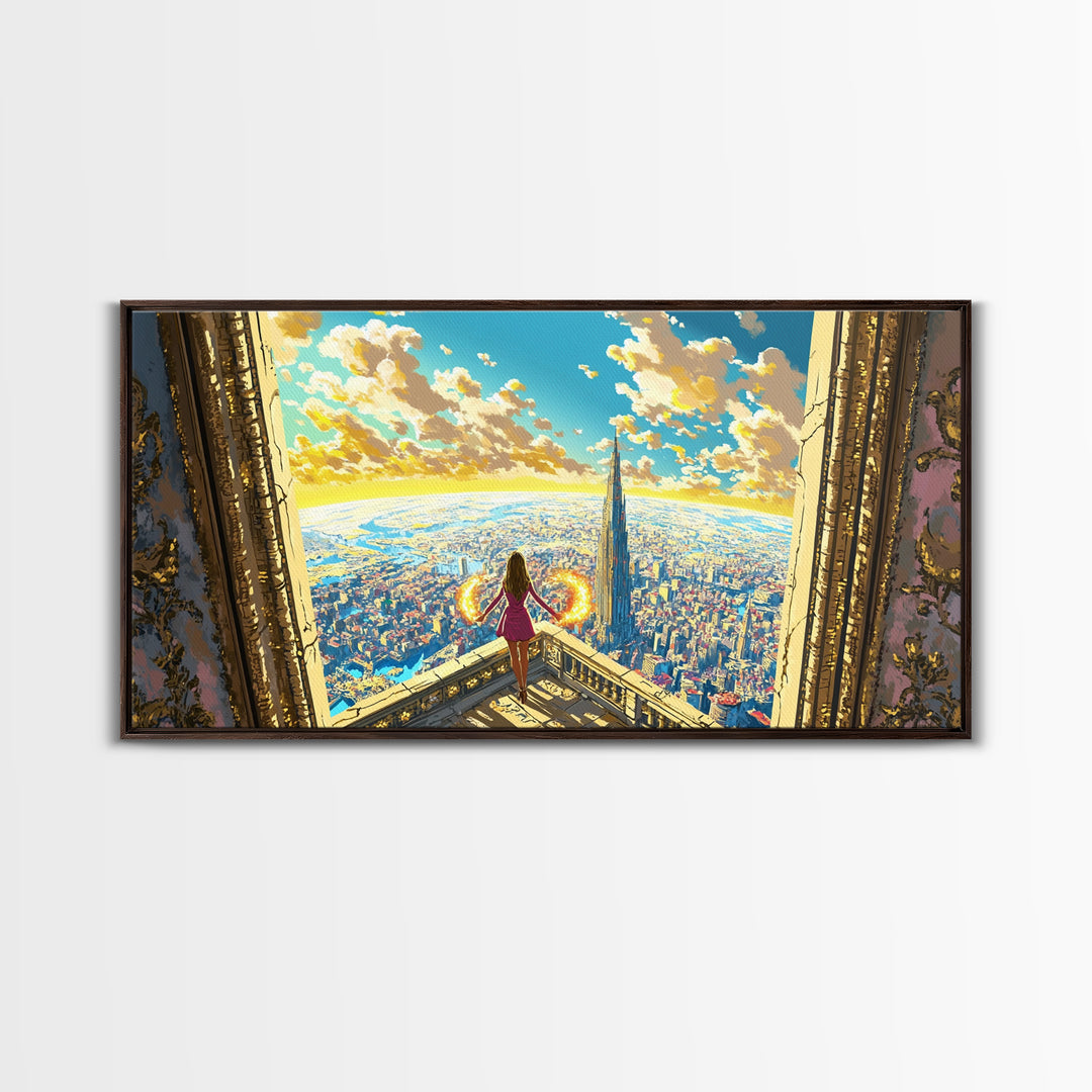 Girl With Fiery Wings Canvas Print, Fantasy Wall Art, Bright Futuristic Cityscape, Magical Bedroom Decor And Heroine Art