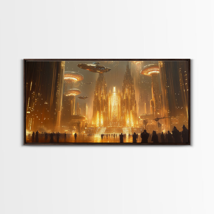 Golden Alien Metropolis Canvas Print, Sci Fi Futuristic City Wall Art, Ufo Fantasy Skyline Decor For Gamer Room And Office