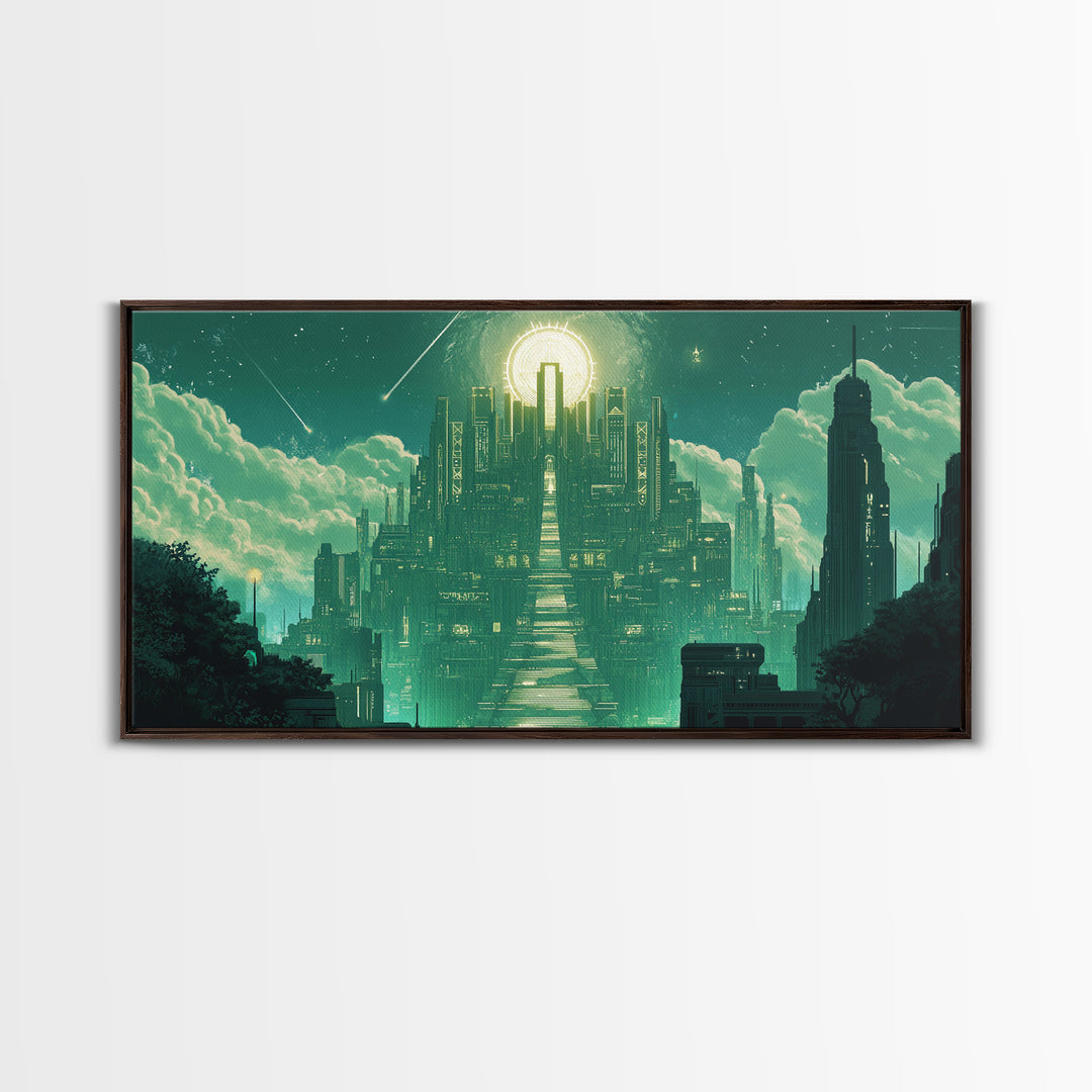 Emerald Celestial Temple Wall Art, Mystical Green City Canvas Print, Sci Fi Fantasy Decor For Meditation Room And Office