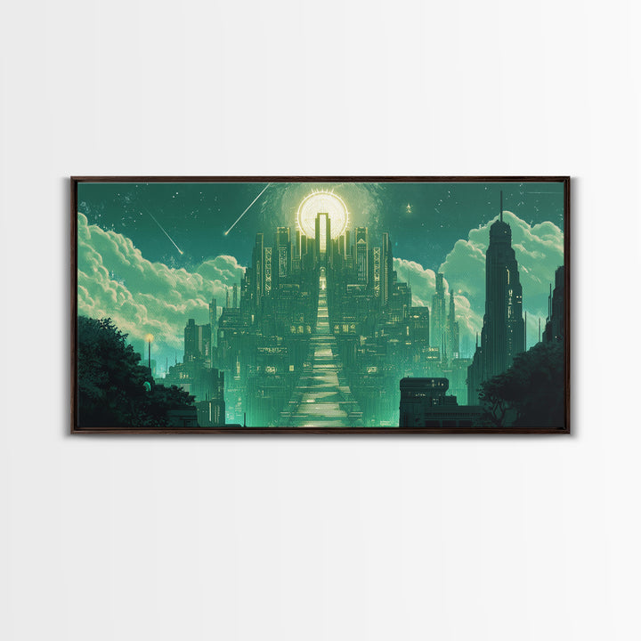 Emerald Celestial Temple Wall Art, Mystical Green City Canvas Print, Sci Fi Fantasy Decor For Meditation Room And Office