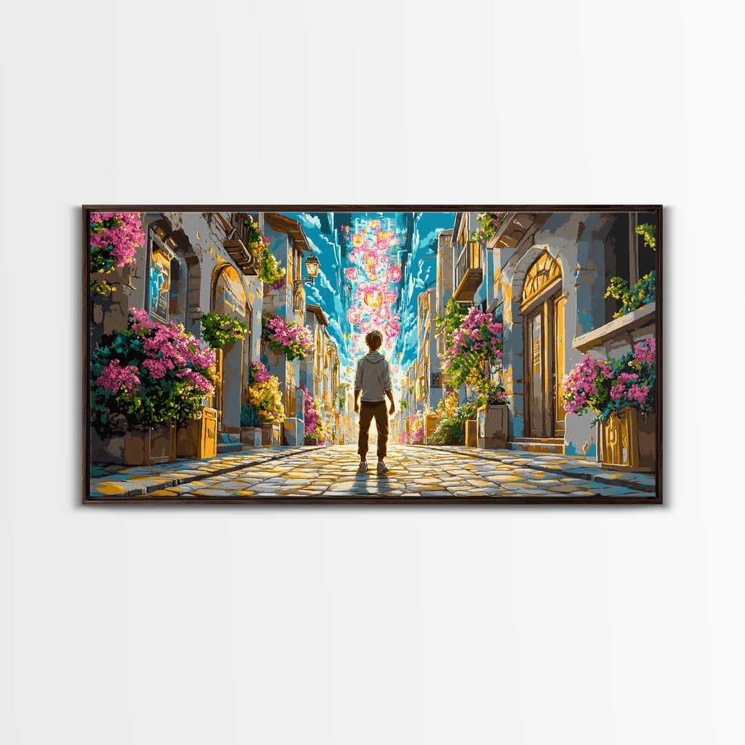 Vibrant Flowered Cobblestone Alley Wall Art, Fantasy Cityscape Canvas, Colorful Travel Poster, Living Room Wall Decor Print