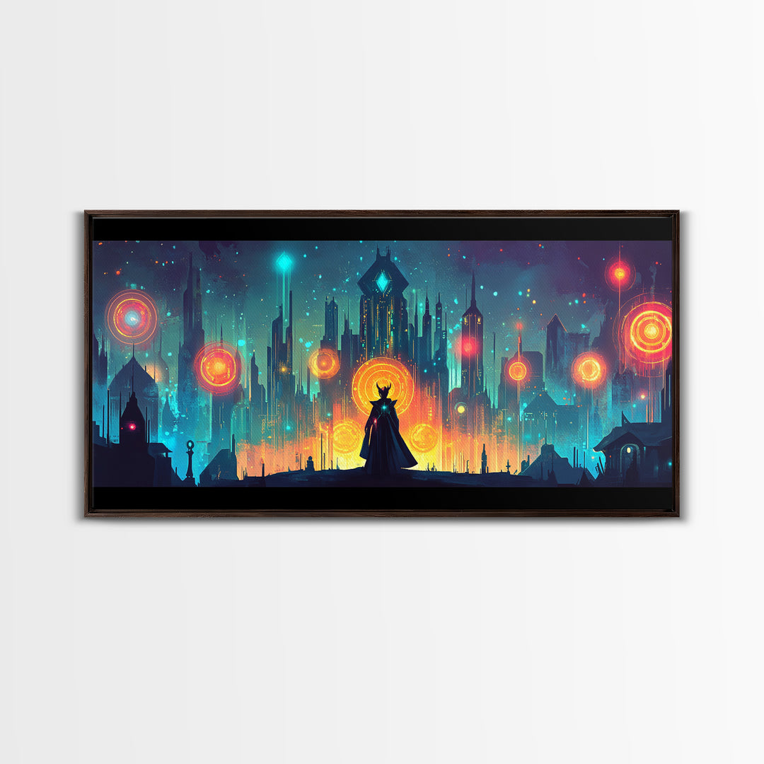 Cloaked Sorceress In Neon Skyline Wall Art, Cyberpunk Fantasy Canvas, Mystical Cityscape, Modern Sci Fi Gamer Room Decor Print