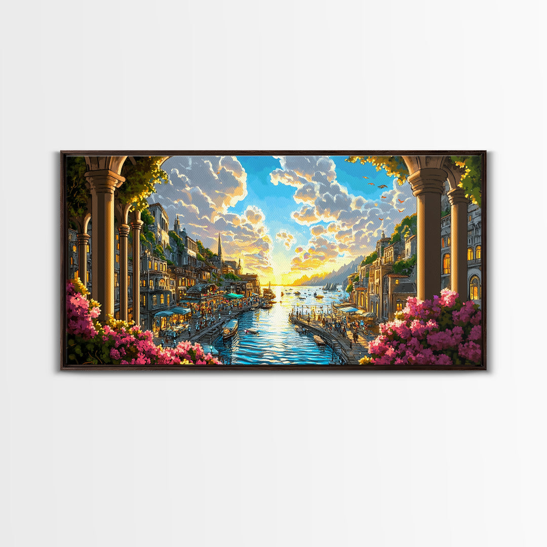 Sunlit Coastal Canal Harbor Wall Art, Mediterranean Cityscape Canvas, Seaside Landscape Print, Elegant Living Room Decor