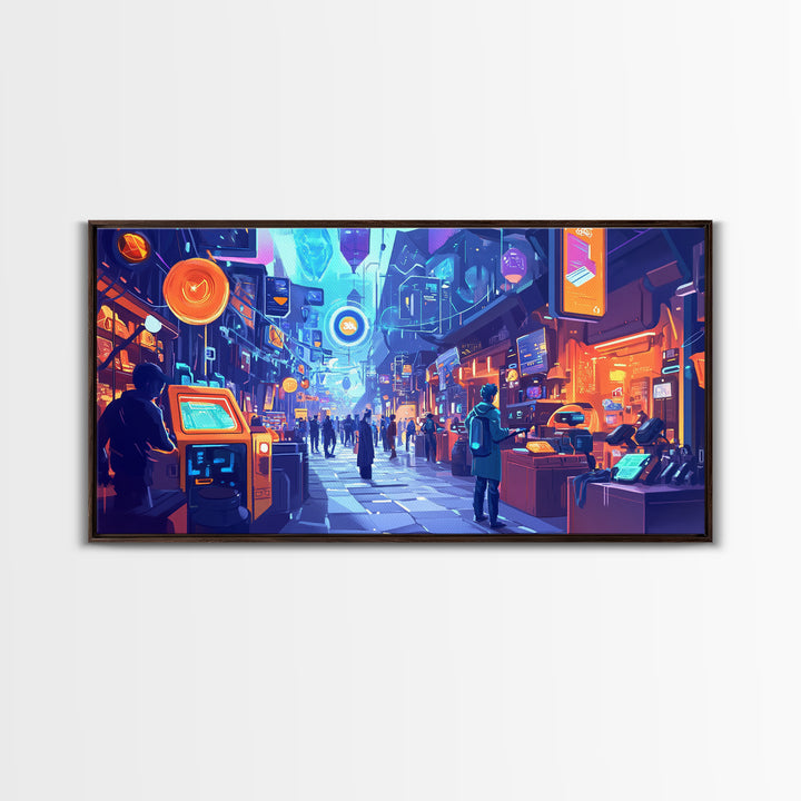 Neon Cyberpunk Market Arcade Wall Art, Futuristic City Canvas Print, Modern Gamer Room Decor, Sci Fi Urban Street Poster