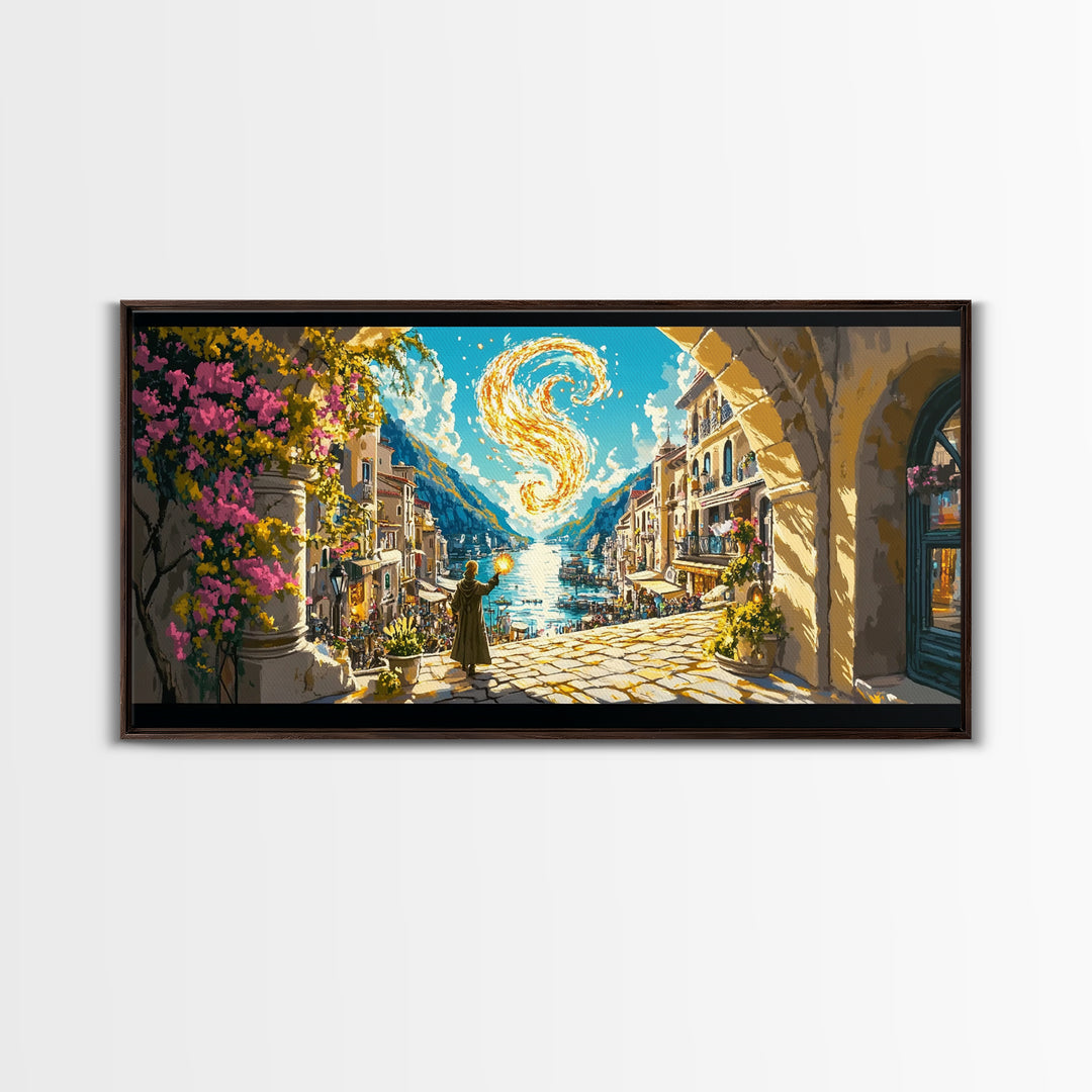 Golden Swirl Over Coastal Village Wall Art, Amalfi Inspired Canvas Print, Mediterranean Travel Poster, Magical Home Decor