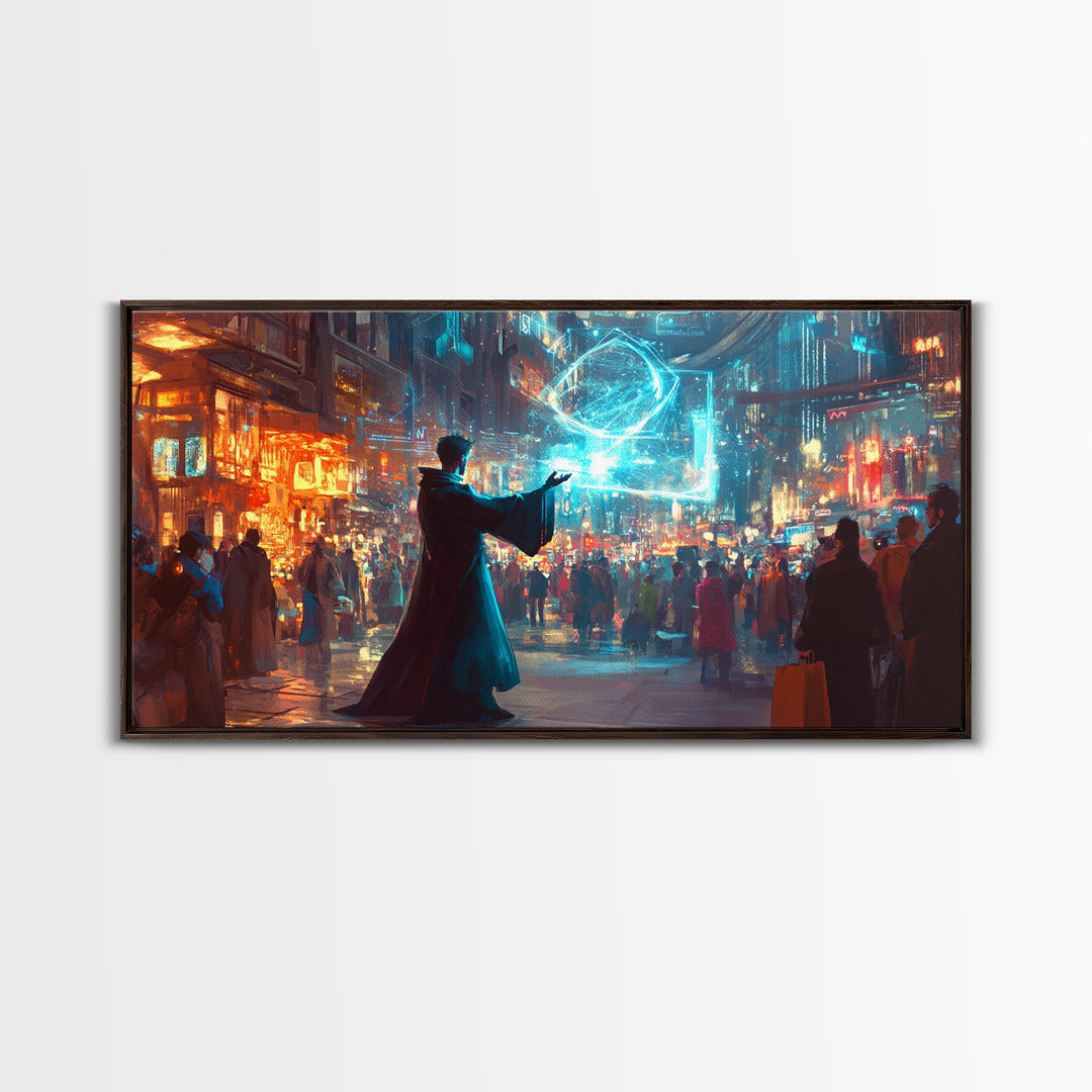 Wizard Casting Hologram In Neon City Wall Art, Cyberpunk Fantasy Canvas Print, Sci Fi Poster, Futuristic Modern Office Decor
