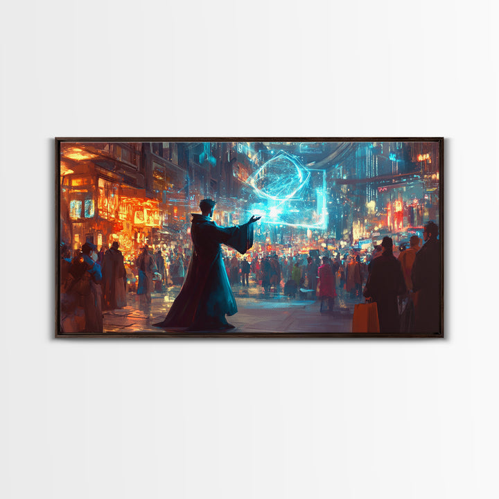 Wizard Casting Hologram In Neon City Wall Art, Cyberpunk Fantasy Canvas Print, Sci Fi Poster, Futuristic Modern Office Decor