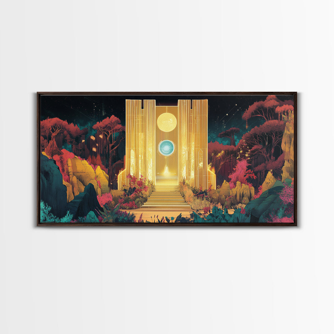 Golden Portal Temple In Alien Garden Wall Art, Celestial Fantasy Canvas Print, Mystical Landscape, Statement Art Home Decor
