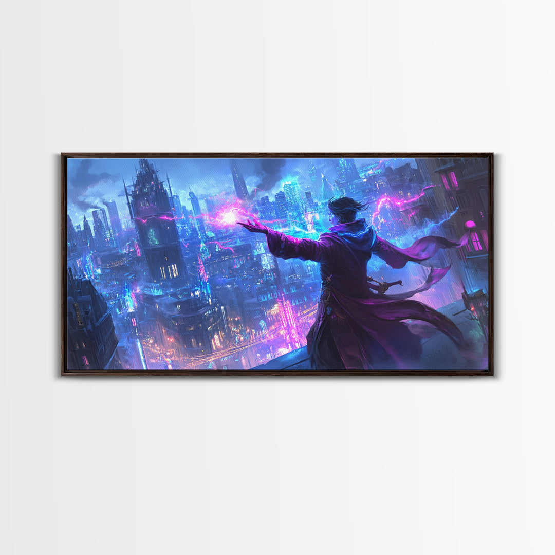 Mage Casting Neon Lightning Over City Wall Art, Cyberpunk Fantasy Canvas Print, Futuristic Skyline, Sci Fi Gamer Room Decor