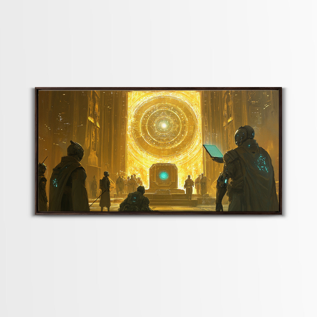 Radiant Cosmic Portal Hall With Astronauts Wall Art, Golden Sci Fi Canvas Print, Futuristic Temple, Celestial Statement Home Decor