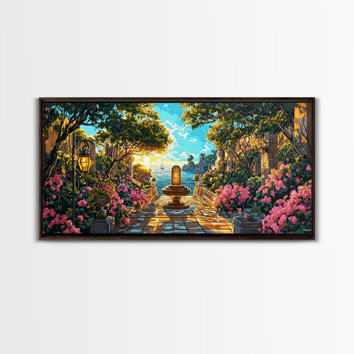 Sunlit Mediterranean Garden Fountain Canvas Print, Coastal Wall Art, Fantasy Landscape Art, Living Room Decor, Housewarming Gift