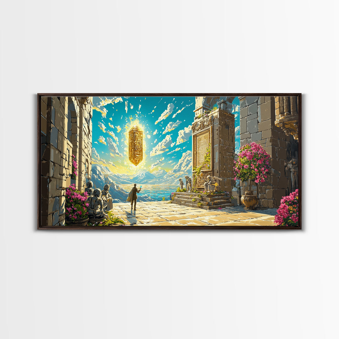 Ancient Seaside Temple Portal Framed Canvas Print, Fantasy Wall Art, Mountain Landscape Art, Living Room Decor, Unique Gift