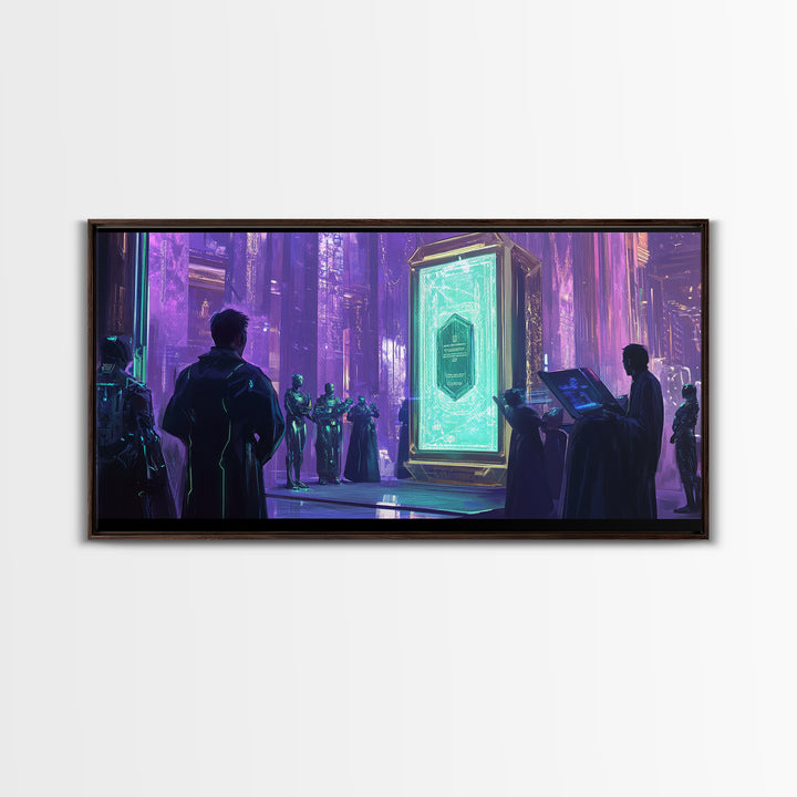 Purple Futuristic Monolith Ceremony Canvas Print, Cyberpunk Wall Art, Sci Fi Decor, Modern Office Art, Statement Artwork Gift