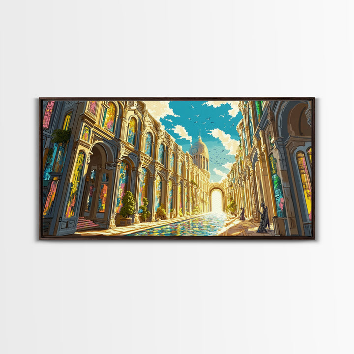 Ornate Sunlit Palace Canal Framed Canvas Print, European Wall Art, Fantasy Architecture Art, Living Room Decor, Large Wall Art