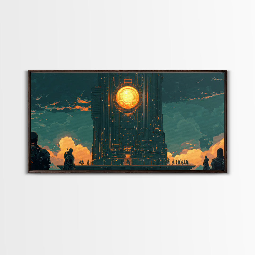 Dark Monolithic Sun Portal Framed Canvas Print, Sci Fi Wall Art, Futuristic Decor, Moody Office Art, Masculine Wall Decor