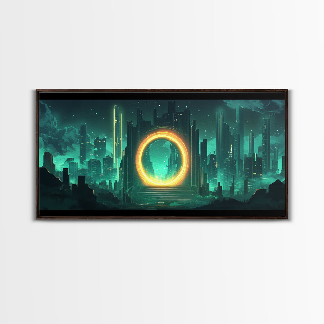Emerald Futuristic City Ring Portal Canvas Print, Sci Fi Wall Art, Cyberpunk Decor, Modern Office Decor, Statement Gift For Him