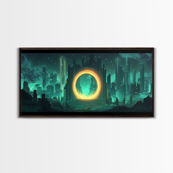 Emerald Futuristic City Ring Portal Canvas Print, Sci Fi Wall Art, Cyberpunk Decor, Modern Office Decor, Statement Gift For Him