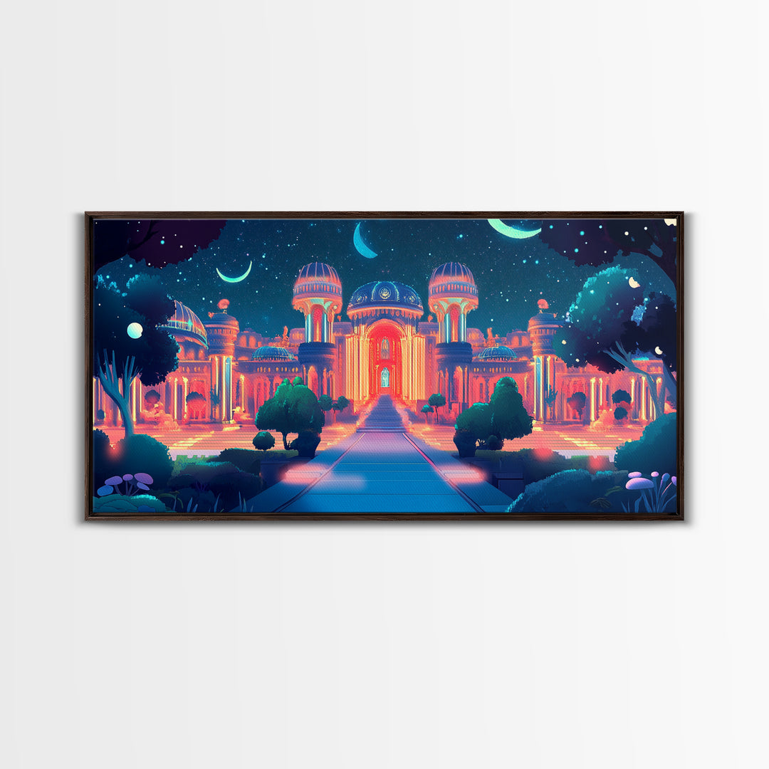 Neon Celestial Palace Under Crescent Moons Wall Art, Fantasy City Canvas Print, Maximalist Decor, Bedroom Wall Decor Gift