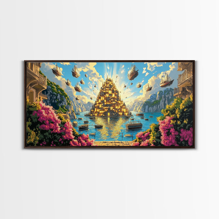 Golden Floating Island City Over Turquoise Sea Wall Art, Fantasy Landscape Canvas Print, Coastal Decor, Travel Poster Gift