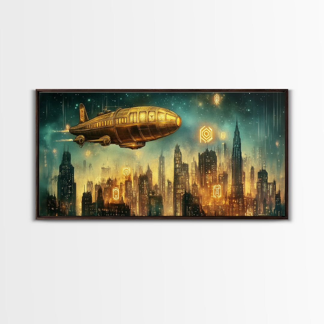 Golden Retro Airship Above Futuristic City Wall Art, Sci Fi Canvas Print, Cyberpunk Decor, Modern Office Wall Art Gift For Him
