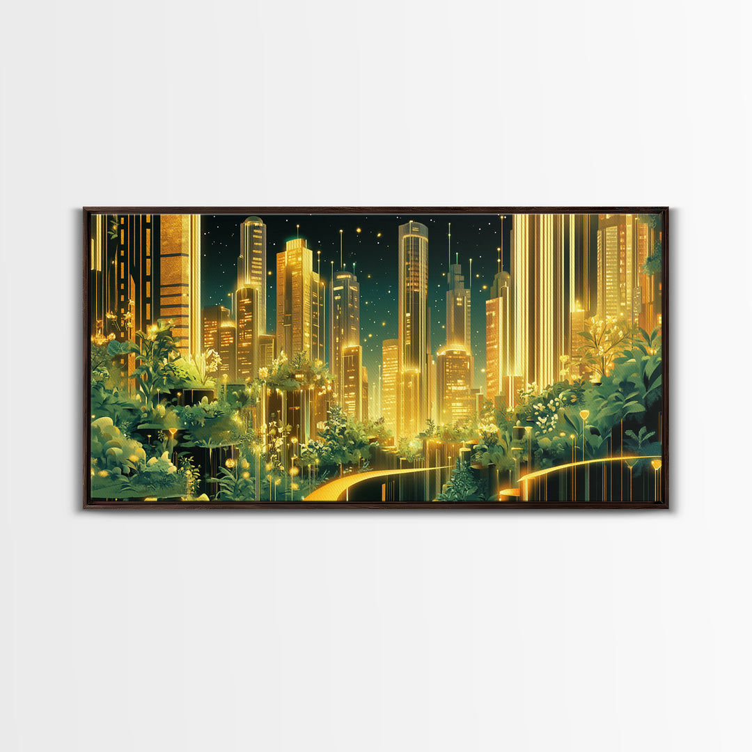 Luminous Garden Skyline In Golden Futuristic City Wall Art, Modern Canvas Print, Green Wall Decor, Home Office Decor Gift