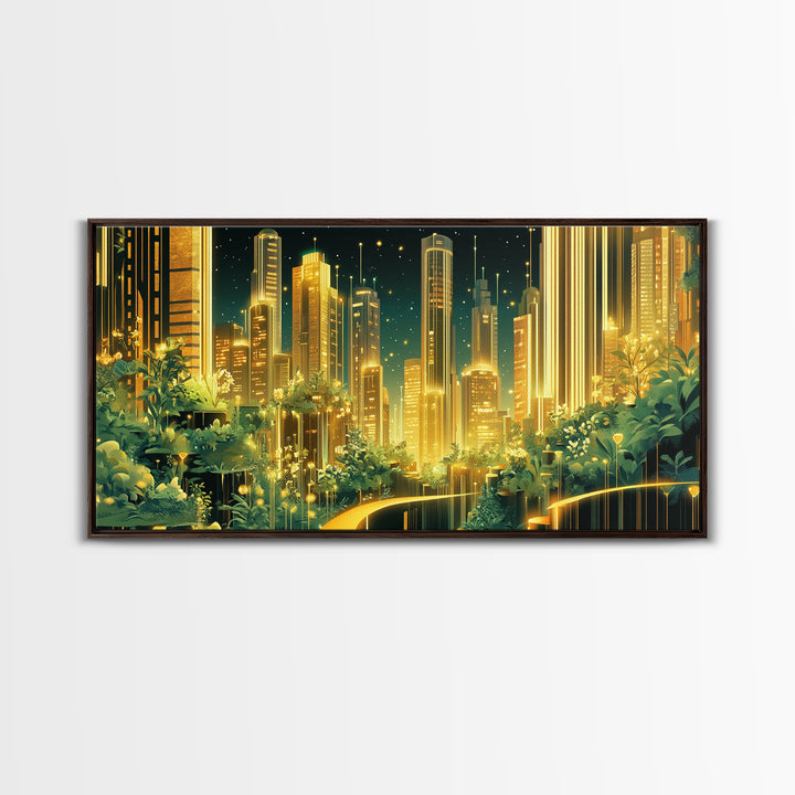 Luminous Garden Skyline In Golden Futuristic City Wall Art, Modern Canvas Print, Green Wall Decor, Home Office Decor Gift
