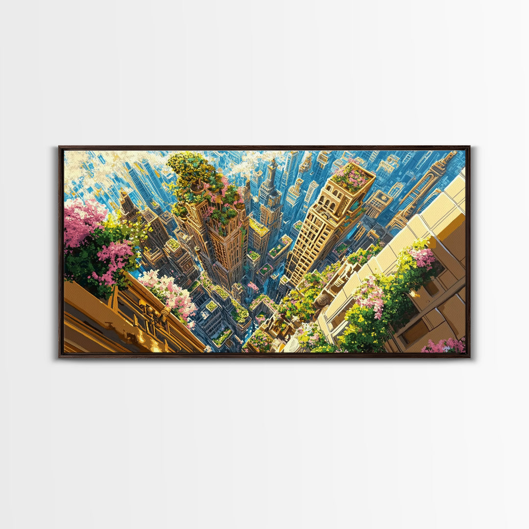 Aerial Skyscraper Gardens And Flowered Balconies Wall Art, Modern City Canvas Print, Urban Home Decor, Large Wall Art Gift