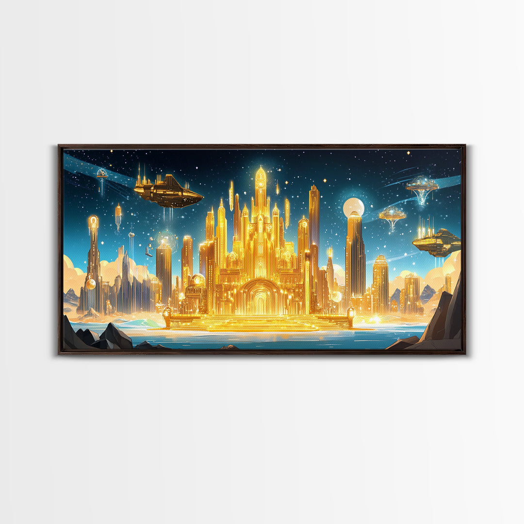 Radiant Golden Sci Fi Citadel Beneath Moonlit Sky Wall Art, Futuristic Canvas Print, Space Decor, Statement Wall Art Gift