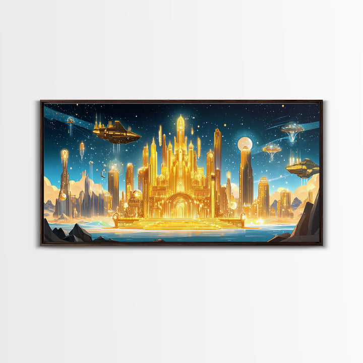 Radiant Golden Sci Fi Citadel Beneath Moonlit Sky Wall Art, Futuristic Canvas Print, Space Decor, Statement Wall Art Gift
