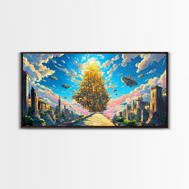 Floating Golden Pyramid City Above Ancient Ruins Wall Art, Fantasy Canvas Print, Surreal Landscape Art, Large Wall Decor