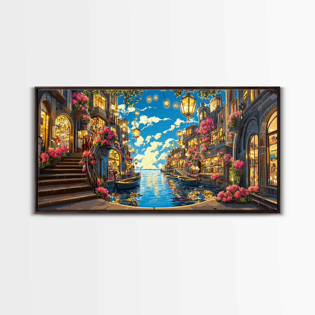 Flower Lined Canal Street With Lanterns Wall Art, Mediterranean Canvas Print, Coastal City Decor, Living Room Wall Art Gift