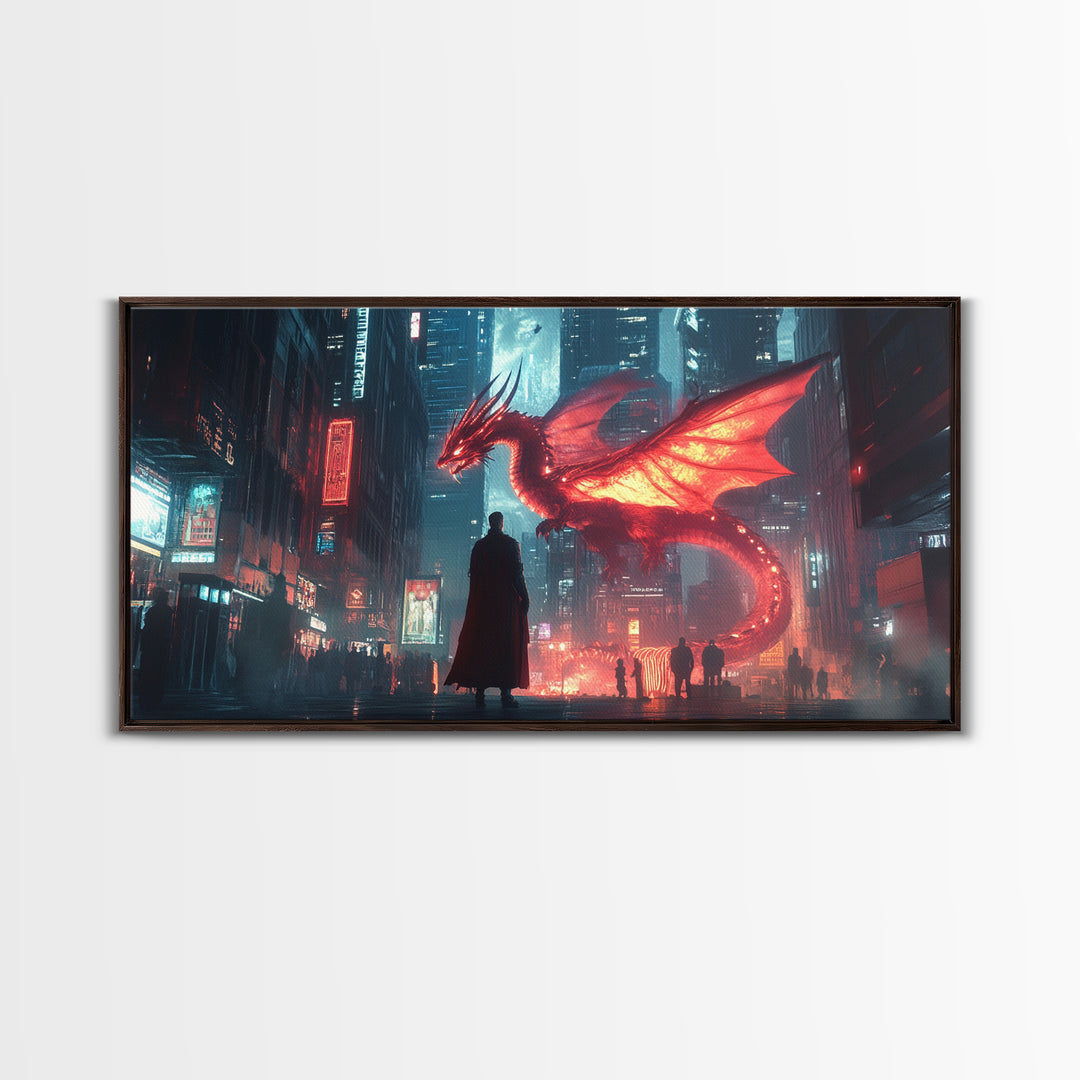 Neon Cyberpunk Dragon City Wall Art, Futuristic Sci Fi Fantasy Poster, Gaming Room Decor, Dystopian Urban Canvas Print Gift