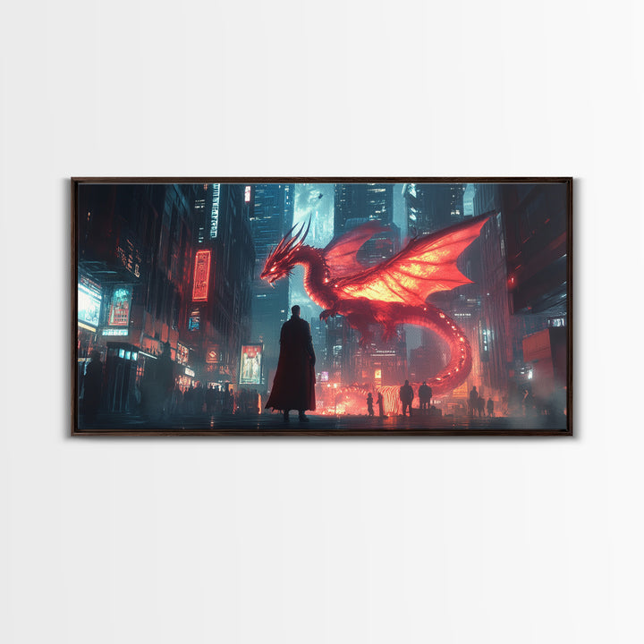 Neon Cyberpunk Dragon City Wall Art, Futuristic Sci Fi Fantasy Poster, Gaming Room Decor, Dystopian Urban Canvas Print Gift