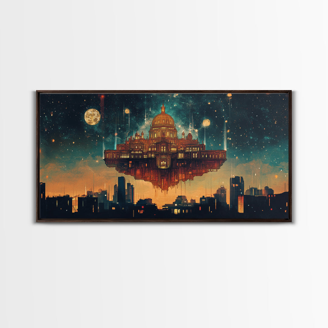 Floating Celestial Palace Wall Art, Starry Futuristic Cityscape, Surreal Architecture Framed Canvas Print, Office Decor Gift