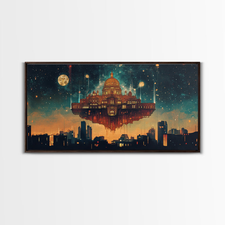 Floating Celestial Palace Wall Art, Starry Futuristic Cityscape, Surreal Architecture Framed Canvas Print, Office Decor Gift