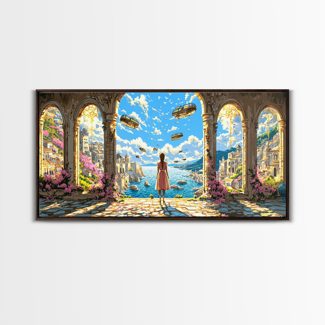 Arched Seaside Portal With Airships Framed Canvas Print, Fantasy Coastal Wall Art, Dreamy Travel Home Decor, Gift For Her