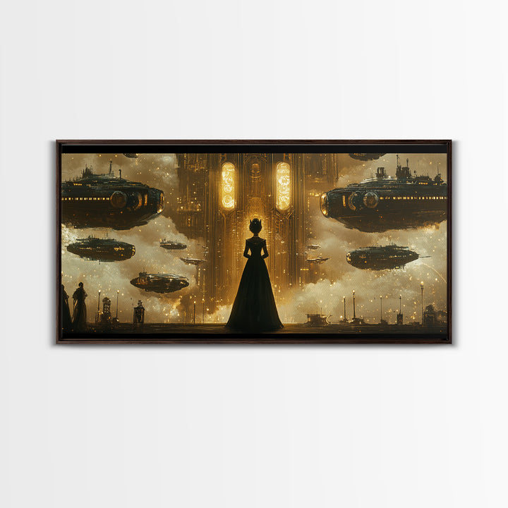 Elegant Woman And Golden Airships Wall Art, Steampunk Fantasy Framed Canvas Print, Dark Academia Decor, Sci Fi Gift For Him