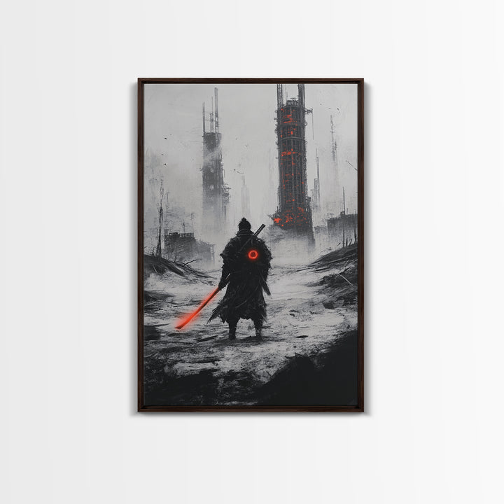 Dark Cyberpunk Warrior In Snowy Dystopian City Wall Art, Sci Fi Fantasy Poster, Futuristic Office Decor, Gamer Room Gift For Him