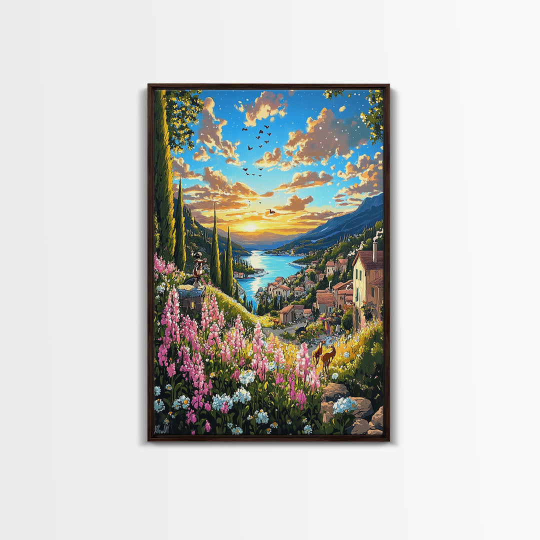 Sunset Lake Como Village With Wildflowers Canvas Print, Italian Landscape Wall Art, Mediterranean Travel Home Decor Gift For Her