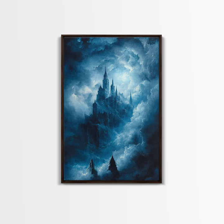 Blue Gothic Castle In Storm Clouds Framed Canvas Print, Dark Fantasy Wall Art, Moody Castle Poster For Bedroom Decor Gift
