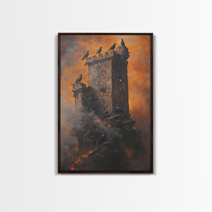 Burning Stone Tower With Black Ravens Framed Canvas Print, Gothic Dark Fantasy Wall Art, Moody Raven Castle Decor Gift For Him