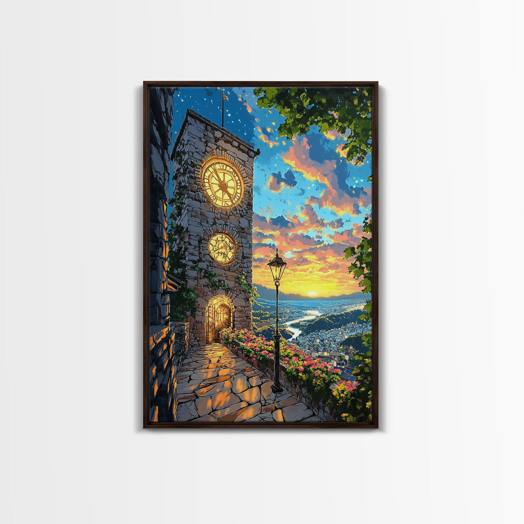 Glowing Clock Tower Over Coastal Village Canvas Print, Mediterranean Landscape Wall Art, Italy Travel Poster Home Decor Gift